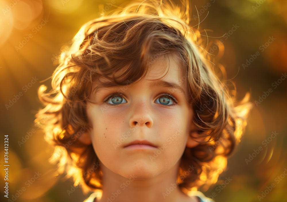 Golden hour portrait of a young boy with curly hair and blue eyes, bathed in warm sunlight with a serene and thoughtful expression in a natural outdoor setting Golden hour portrait of a young boy with curly hair and blue eyes, bathed in warm sunlight with a serene and thoughtful expression in a natural outdoor setting