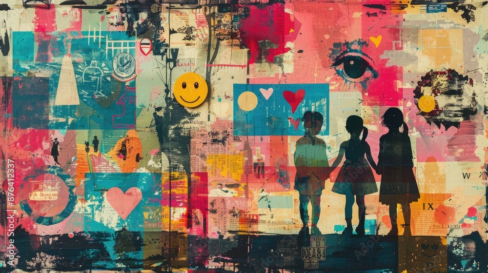 Fototapeta premium Abstract Retro Vintage Collage with Colorful Symbols, Children, and Expressions of Love in Old-Fashioned Poster Style