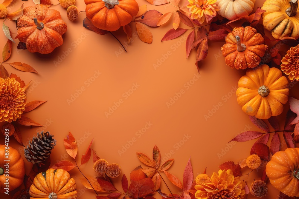 Autumn harvest frame with pumpkins and dry leaves on orange background with copy space. Thanksgiving day concept Autumn harvest frame with pumpkins and dry leaves on orange background with copy space. Thanksgiving day concept