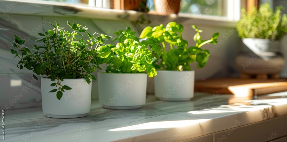 Fresh Herbs Growing in White Pots on a Marble Kitchen Countertop in the Morning Sunlight