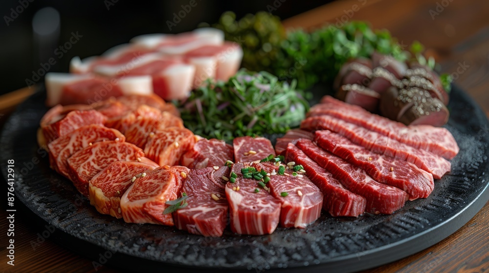 Raw Meat and Vegetable Ingredients Arranged on a Black Platter Raw Meat and Vegetable Ingredients Arranged on a Black Platter