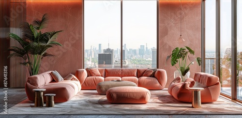 Pink Living Room Furniture Set With City View In Modern Apartment
