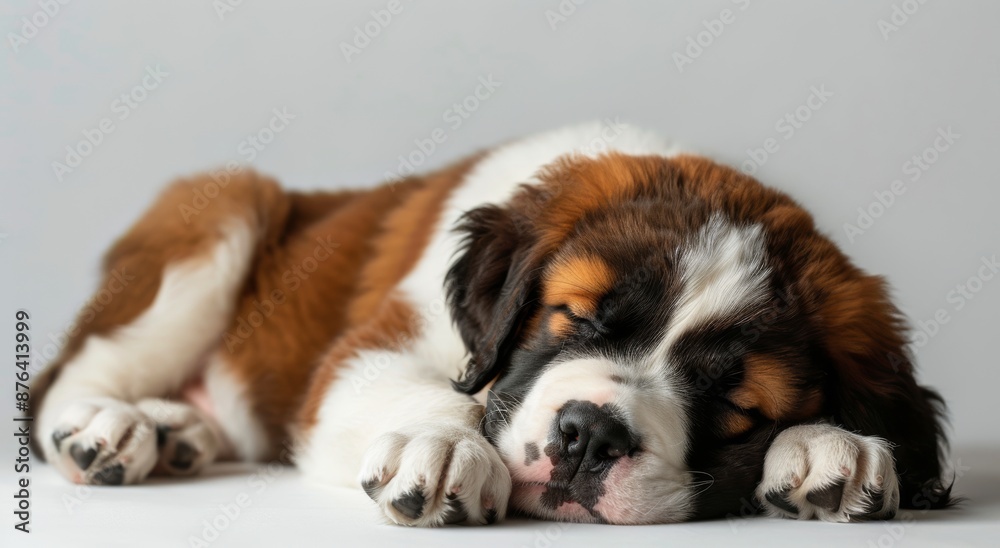 Adorable Brown and White Bernese Mountain Dog Puppy Sleeping on a White Background Adorable Brown and White Bernese Mountain Dog Puppy Sleeping on a White Background