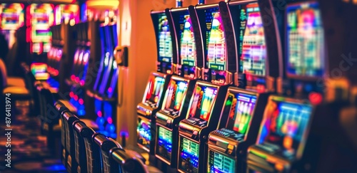 Rows of Colorful Slot Machines in a Neon Lit Casino
