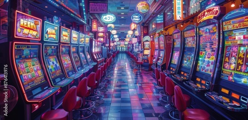 Rows of Colorful Slot Machines in a Neon Lit Casino
