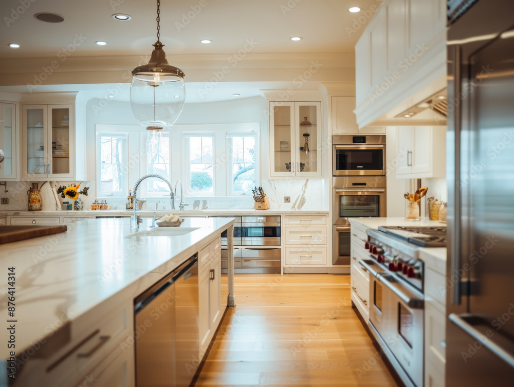 Fototapeta premium A large kitchen with a white island and stainless steel appliances. The kitchen is well-lit and has a modern, clean look