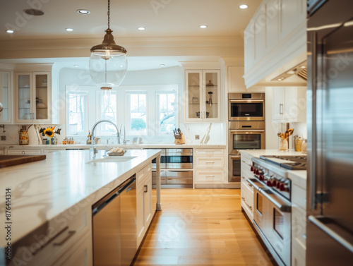 A large kitchen with a white island and stainless steel appliances. The kitchen is well-lit and has a modern, clean look