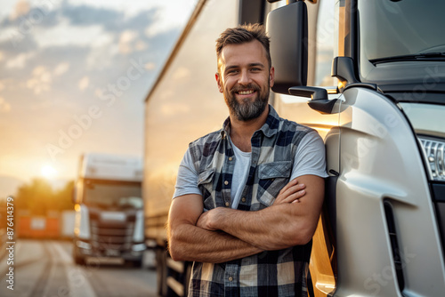 happy confident male driver standing in front of truck