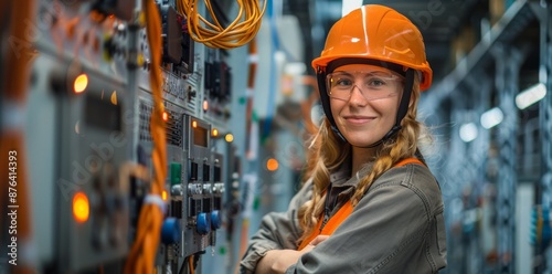 Female Industrial Worker With Safety Gear Standing Near Control Panel in Factory