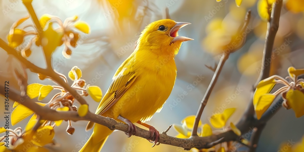 Obraz premium The Beautiful Song of the Yellow Canary in the Wild A Symbol of Nature's Beauty among Finch Species. Concept Nature's Beauty, Yellow Canary, Finch Species, Wildlife, Melodic Song