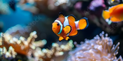 Vibrant coral reef fish swimming among colorful corals in a sea aquarium. Concept Underwater Photography, Coral Reef Ecosystem, Marine Life, Aquatic Animals, Ocean Biodiversity