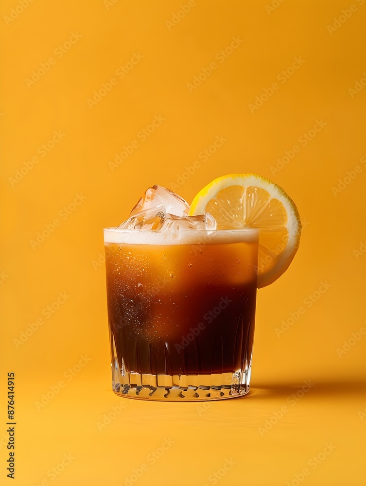 Dark Brown Summer Drink on an orange Background with Sunlight and Shadows Dark Brown Summer Drink on an orange Background with Sunlight and Shadows