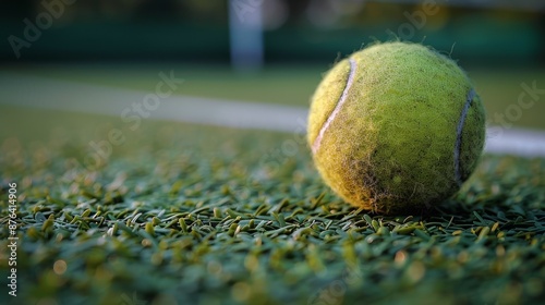 Closeup of a Worn Tennis Ball on a Green Court
