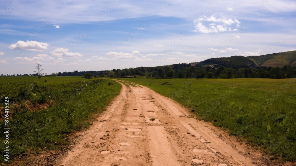 Naklejka premium Landscape field road blue sky