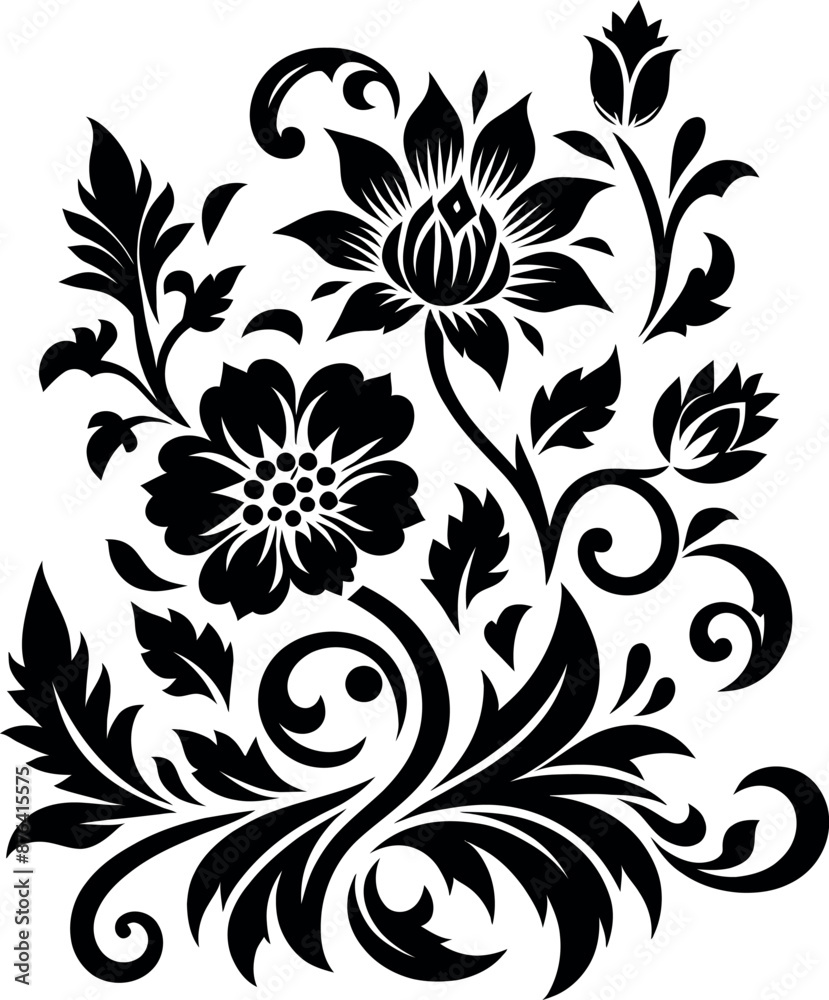 decorative Floral design Silhouette Motif Pattern, Flower design elements silhouette pattern black and white, decorative Botanical Flourish Silhouette pattern illustration