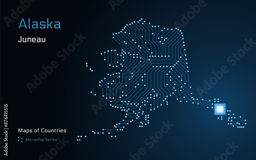 Alaska Map with a capital of Juneau Shown in a Microchip Pattern. Silicon valley, E-government. United States vector maps. Microchip Series	