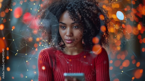 Woman Using Smartphone Against Festive Lights Background
