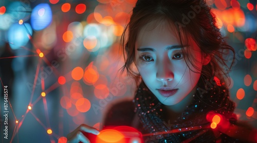 Woman Using Smartphone Against Festive Lights Background