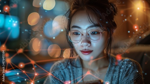 Woman Using Smartphone Against Festive Lights Background