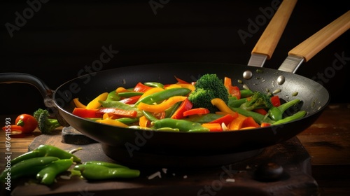 Cooking a colorful variety of vegetables in a well seasoned cast iron pan photo