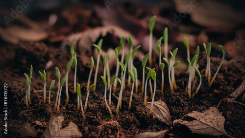 Closeup of fresh green sprouts growing in soil