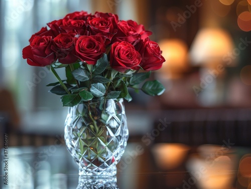 Red roses in a crystal vase on a table