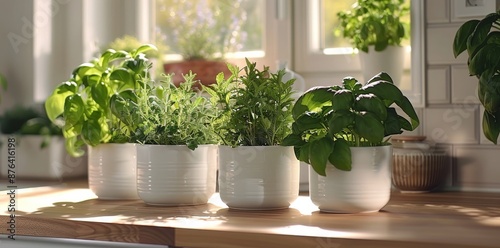Fresh Herb Plants Growing in White Pots on a Kitchen Countertop