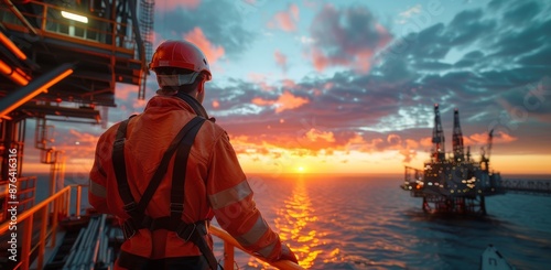 Offshore Worker Contemplating Sunset Over Oil Rig Platform