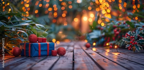 Two Wrapped Gifts on Wooden Deck With Blurred Christmas Lights Background