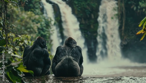 Fototapeta Naklejka Na Ścianę i Meble -  Two gorillas sit on a rock in front of a waterfall in the jungle