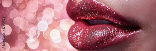 Close Up of Red Lips With Glitter Against Pink Bokeh Background
