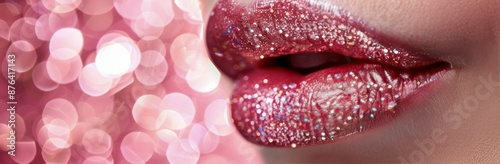 Close Up of Glitter Lips Against a Pink Bokeh Background
