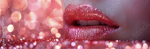 Close Up of Red Lips With Glitter Against Pink Bokeh Background