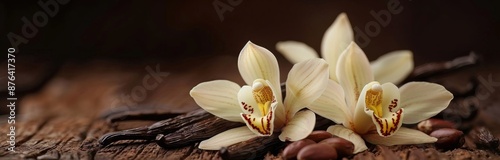 White Orchids Resting on Vanilla Beans