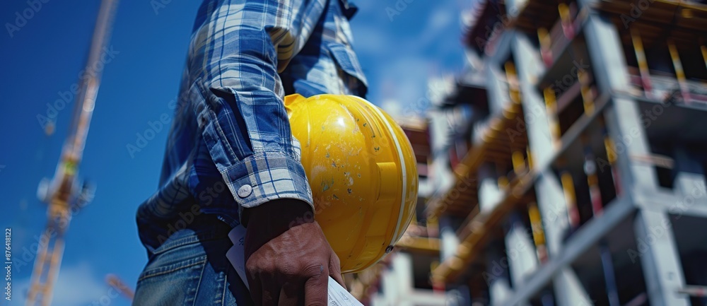 Construction worker wearing safety helmet and holding blueprints at a construction site Construction worker wearing safety helmet and holding blueprints at a construction site