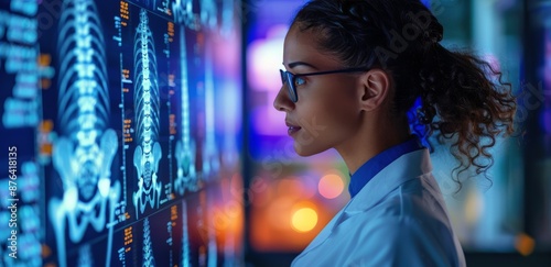 Female Doctor Examining Medical Images on Large Screen in Hospital