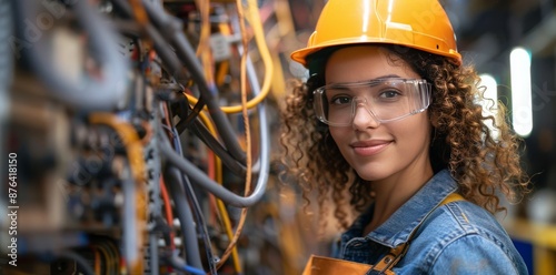 Female Industrial Worker Wearing Safety Glasses and Hard Hat in Factory Setting