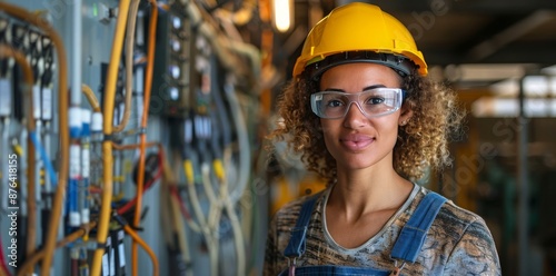 Female Industrial Worker Wearing Safety Glasses and Hard Hat in Factory Setting