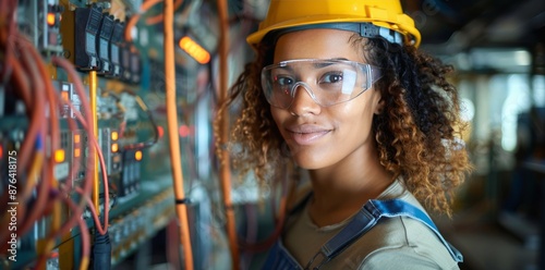 Female Industrial Worker Wearing Safety Glasses and Hard Hat in Factory Setting