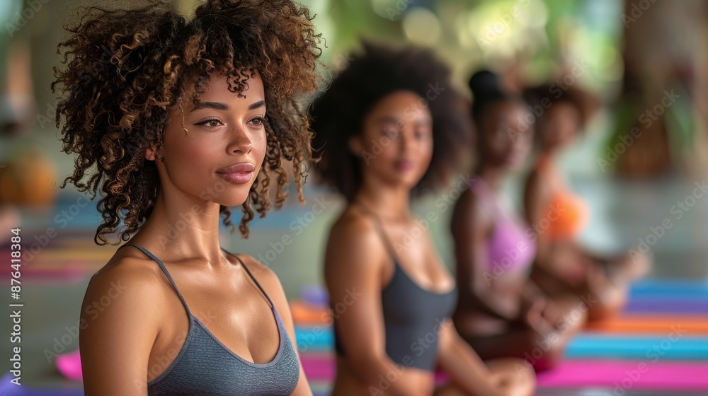 Smiling Woman With Curly Hair In A Group Meditation Session Outdoors Smiling Woman With Curly Hair In A Group Meditation Session Outdoors