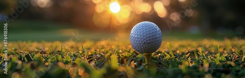Golf Ball On A Tee At Sunset On A Green Golf Course