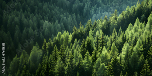 landscape of green forest on the mountain. view from the top. Trees growing in nature. coniferous forest in the sun