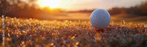 Golf Ball On A Tee At Sunset On A Green Golf Course
