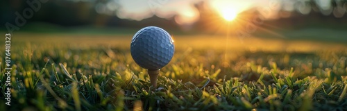 Golf Ball On A Tee At Sunset On A Green Golf Course