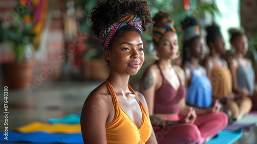 Smiling Woman With Curly Hair In A Group Meditation Session Outdoors