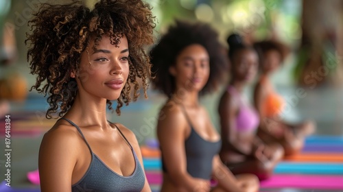 Smiling Woman With Curly Hair In A Group Meditation Session Outdoors