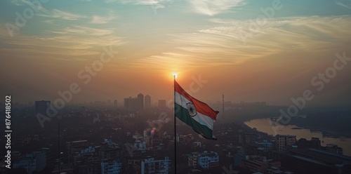 Indian Flag Waving in the Sunset Over City Skyline