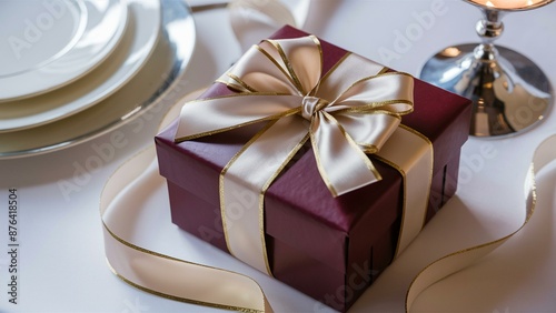 Beautifully wrapped gift box with a golden ribbon bow