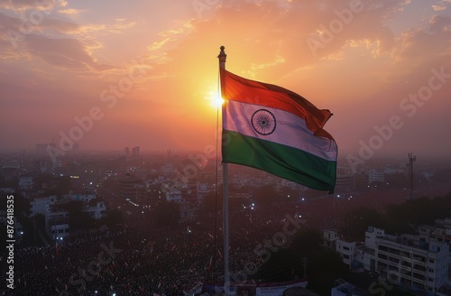 Indian Flag Waving in the Sunset Over City Skyline