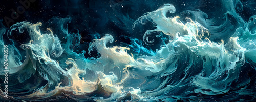Background of the sea or waves, an image of swirling waves in turquoise and aquamarine tones. The waves are smooth and organic, suggesting a calm but dynamic movement. © MK studio